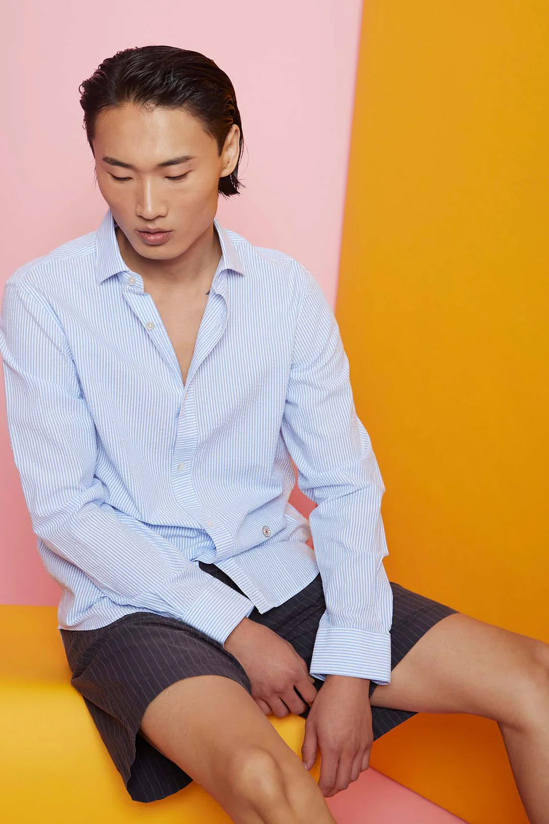 Camisa de rayas azules y blancas de Koike